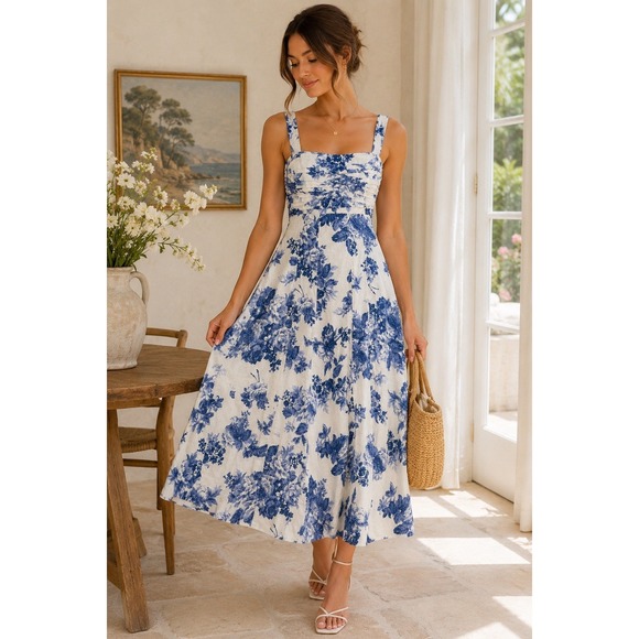 Abercrombie & Fitch Dresses & Skirts - Abercrombie & Fitch Emerson Blue Floral Linen Blend Midi Dress XS Fit & Flare